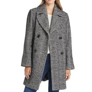 Sam Edelman Women's Black and White Herringbone Double-Breasted Pea Coat XL